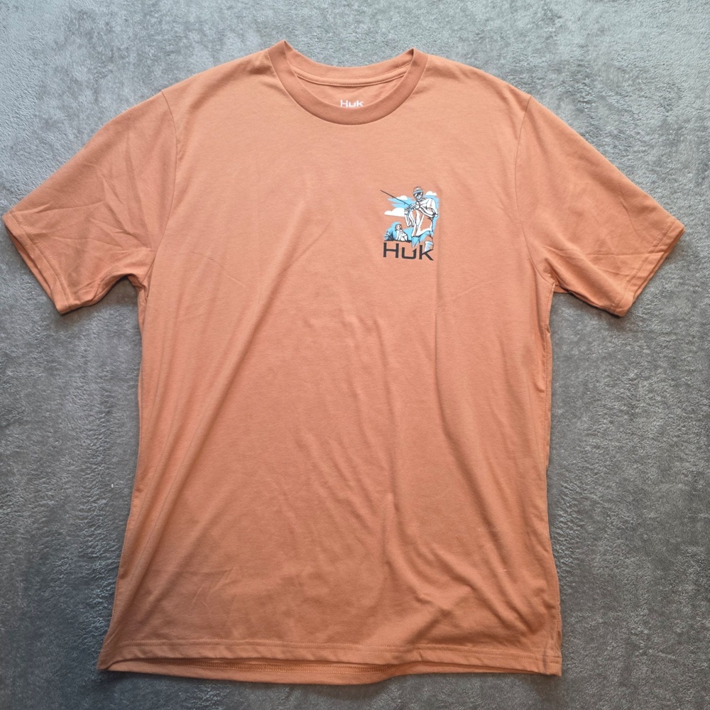 Huk Shirt Mens M Orange Skeleton Fisherman Dog Fishing Graphic T-Shirt Outdoor